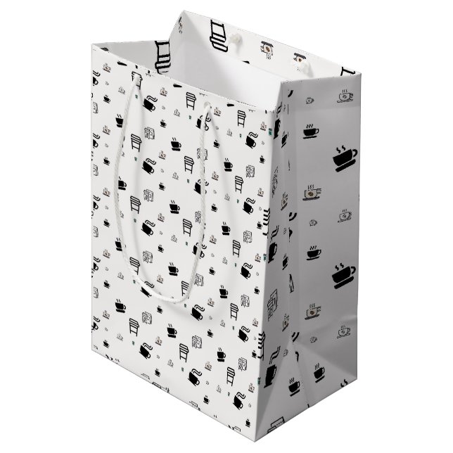 Sac Cadeau Moyen Illustrations de café noir et blanc (Devant Angle)