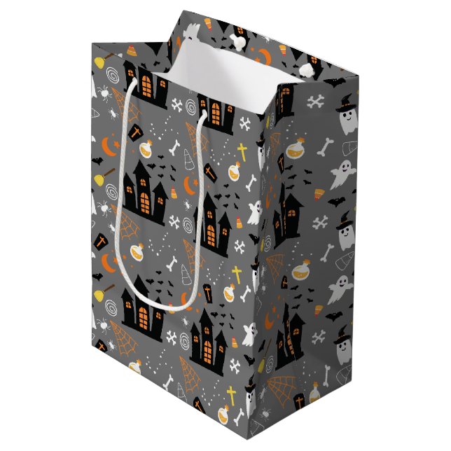 Sac Cadeau Moyen Illustré Motif d'Halloween avec gris, noir (Devant Angle)