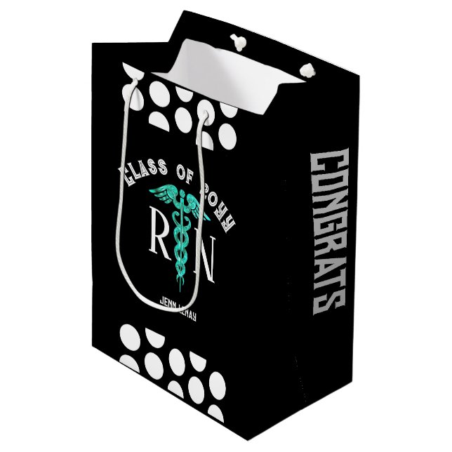 Sac Cadeau Moyen Infirmière RN Graduation Noir Blanc Personnalisé (Devant Angle)