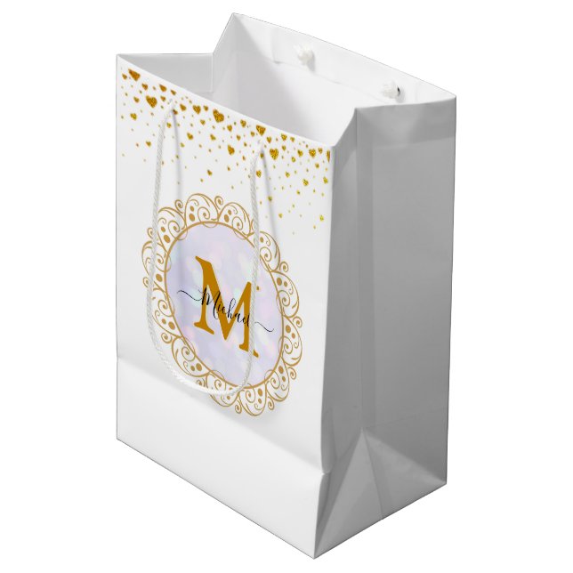 Sac Cadeau Moyen Initiale et nom pailletés or élégants (Devant Angle)