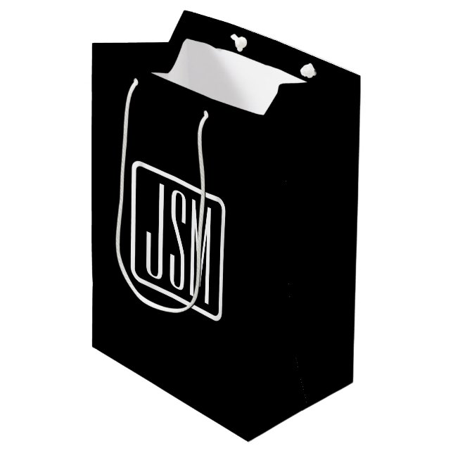 Sac Cadeau Moyen Initiales Monogrammées Modernes | Noir & Blanc (Devant Angle)