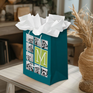 Sac Cadeau Moyen Instagram Photo Collage Monogramme - Bleu et chaux