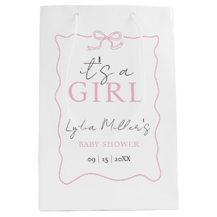 Sac Cadeau Moyen Invitation pour Baby Shower avec un Nœud Rose, Fil