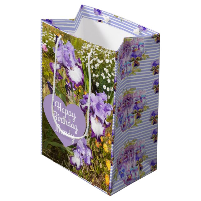Sac Cadeau Moyen Iris Irises Fleur violette Anniversaire Filles Nom (Devant Angle)