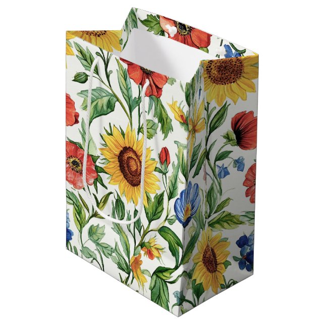 Sac Cadeau Moyen Italian Blue Red Yellow Sunflowers Floral Birthday (Devant Angle)