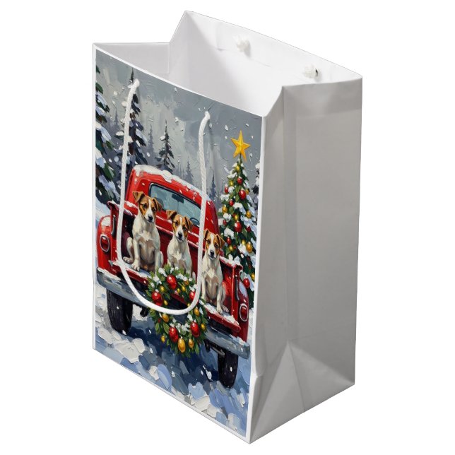 Sac Cadeau Moyen Jack Russell Terrier Christmas Red Truck Holiday (Devant Angle)