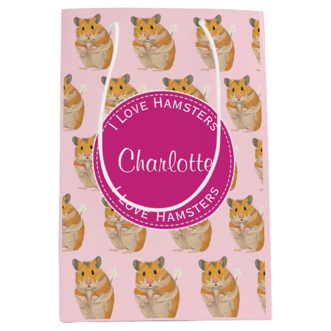 Sac Cadeau Moyen J'aime Hamsters Motif Hamster rose  (Devant)