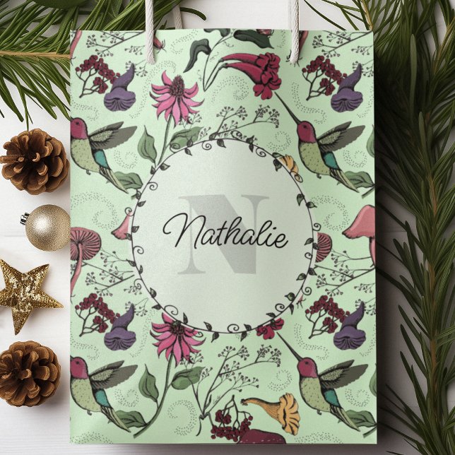 Sac Cadeau Moyen Jardin de printemps vert enchanté Colibri floral (Personalized Enchanted Spring Garden Hummingbird wrapping paper, with custom Monogram and Name :)))