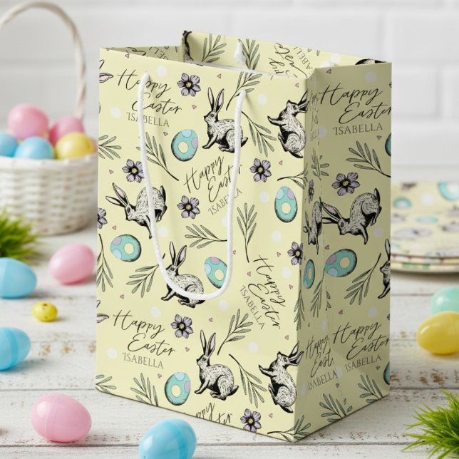 Sac Cadeau Moyen Jaune Joyeux Nom de Pâques Bunny (Cute Happy Easter Pastel Yellow Gift Bags for Kids Egg Hunt with Name. Bunny Rabbit, Eggs & Flowers)