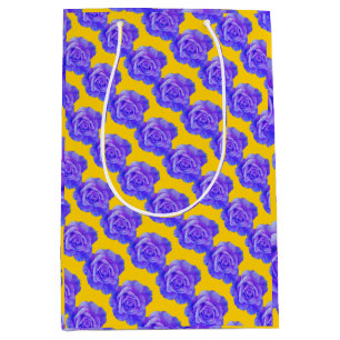 Sac Cadeau Moyen Jaune motifs floraux bleu marine Fleurs Roses