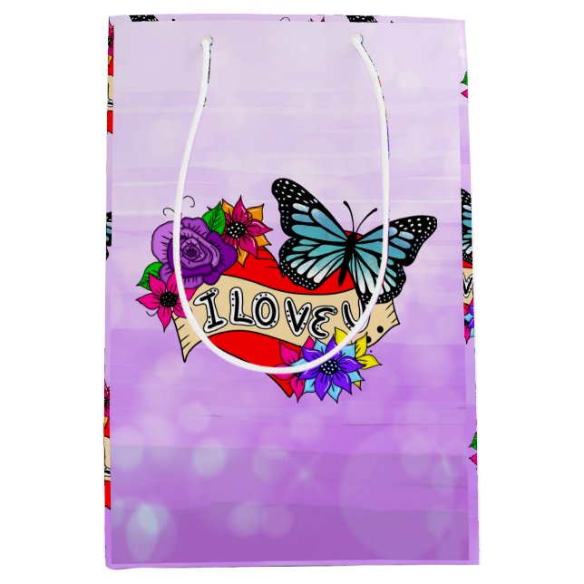 Sac Cadeau Moyen Je T'Aime | Coeurs, Roses et papillons (Devant)