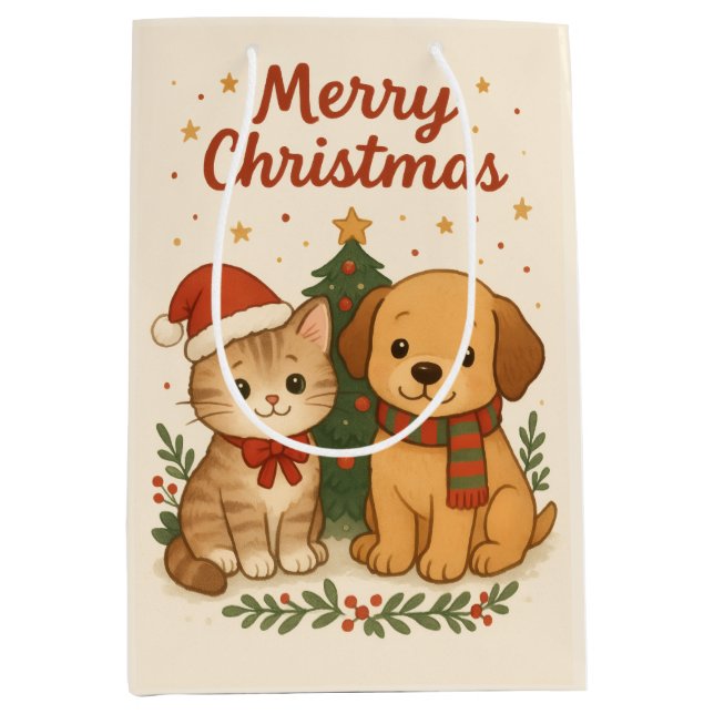 Sac Cadeau Moyen Joie de Noël de chiot et chaton (Devant)