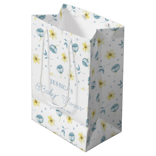 Sac Cadeau Moyen Joli Baby shower Floral bleu jaune (Devant Angle)