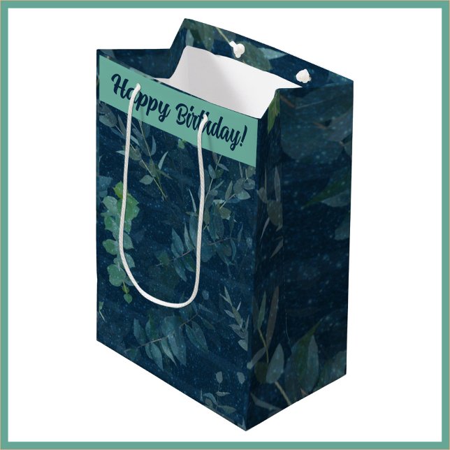 Sac Cadeau Moyen Joli bleu foncé et Turquoise vert Feuilles Anniver (Créateur téléchargé)