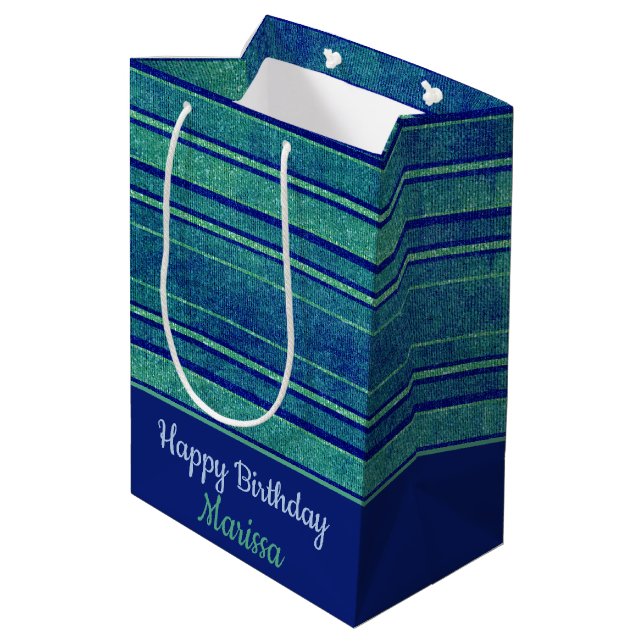 Sac Cadeau Moyen Joli bleu vert Distressed Stripes Motif (Dos Angle)