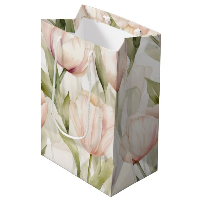 Sac Cadeau Moyen Joli Blush Crème rose Tulips Floral Mariage (Devant Angle)
