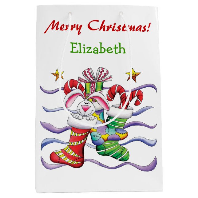 Sac Cadeau Moyen Joli Bunny de Noël Stocker personnalisé (Devant)