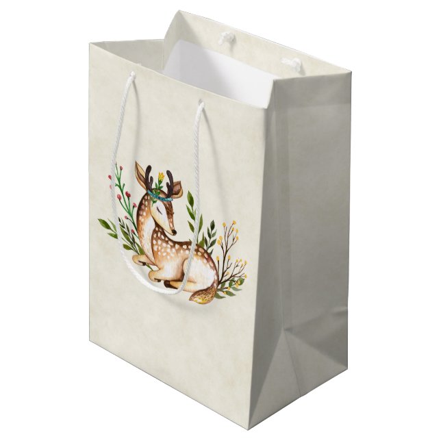 Sac Cadeau Moyen Joli Cerf Aquarellé Posé En Bas Boho (Devant Angle)