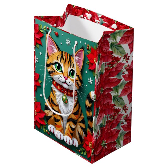 Sac Cadeau Moyen Joli chat orange mignon et Noël au poinsettia (Devant Angle)