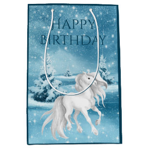 Sac Cadeau Moyen Joli Cheval blanc sur neige la nuit d'hiver Annive