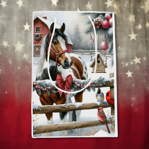 Sac Cadeau Moyen Joli Cheval Brown et Blanc Ferme rustique Noël