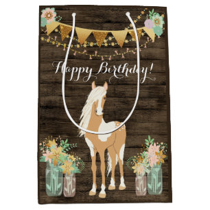 Sac Cadeau Moyen Joli cheval et fleurs Bois rustique Anniversaire