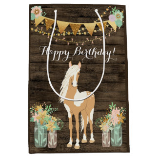 Sac Cadeau Moyen Joli cheval et fleurs Bois rustique Anniversaire