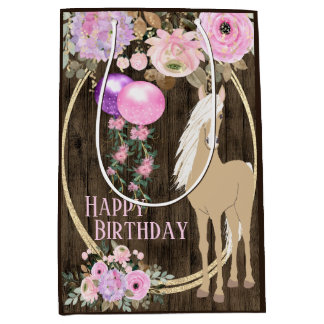Sac Cadeau Moyen Joli cheval et fleurs sur du bois de grange pour u