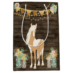 Sac Cadeau Moyen Joli cheval et fleurs sur le bois rustique de la g