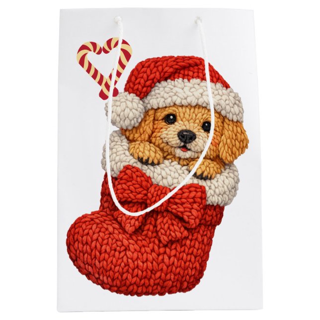 Sac Cadeau Moyen Joli chiot dans un bas de Noël  (Devant)