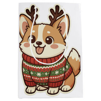 Sac Cadeau Moyen Joli Corgi en Pull de Noël Laid sous Papier Cadeau