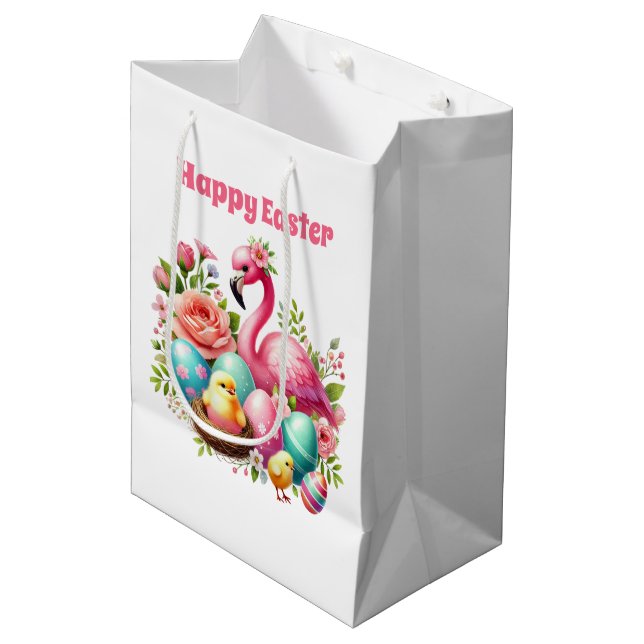Sac Cadeau Moyen Joli Joyeuses Pâques flamant rose  (Devant Angle)