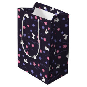 Sac Cadeau Moyen Joli lapin blanc lapin et Motif de fleurs