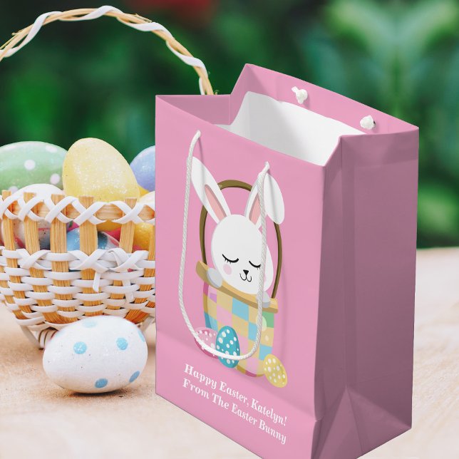Sac Cadeau Moyen Joli lapin de Pâques rose Filles personnalisées (Créateur téléchargé)