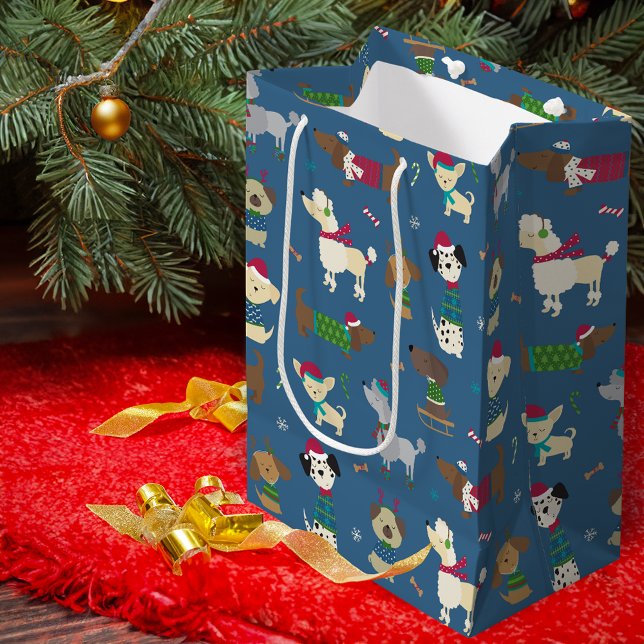 Sac Cadeau Moyen Joli Motif de Noël sur Blue (Créateur téléchargé)