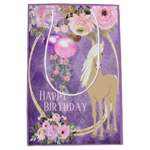 Sac Cadeau Moyen Joli Palomino rose violet Fleurs Cheval Anniversai