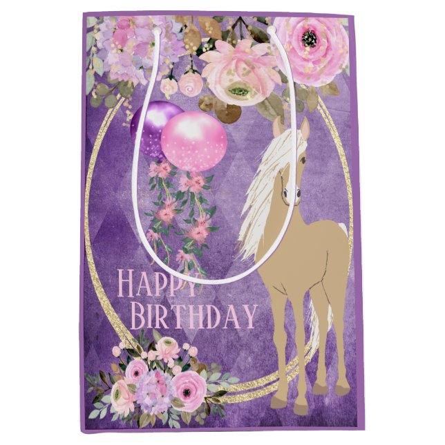 Sac Cadeau Moyen Joli Palomino rose violet Fleurs Cheval Anniversai (Devant)