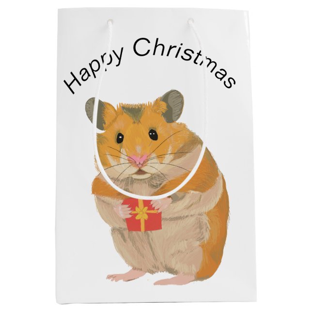 Sac Cadeau Moyen Joli petit Hamster de Noël tenant un cadeau (Devant)