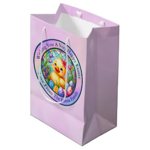 Sac Cadeau Moyen Joli poussin de Pâques, fleurs et œufs colorés