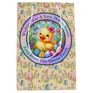 Sac Cadeau Moyen Joli poussin de Pâques, fleurs et œufs colorés