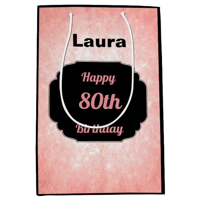 Sac Cadeau Moyen Joli rose Ajouter un nom 80e anniversaire (Devant)