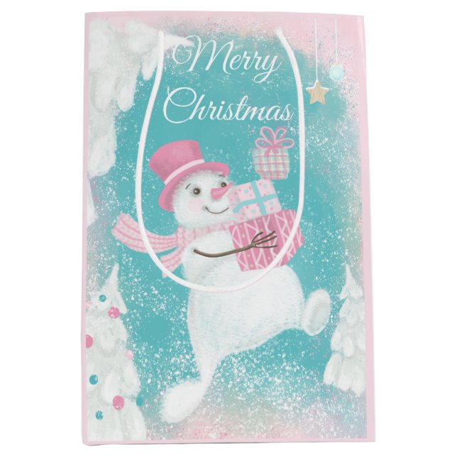 Sac Cadeau Moyen Joli Snowman rose et Mint Noël (Devant)
