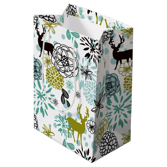 Sac Cadeau Moyen Joli Turquoise Blue Green Floral Et Deer Art Motif (Dos Angle)