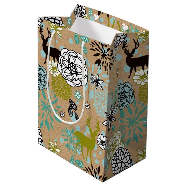 Sac Cadeau Moyen Joli Turquoise Blue Green Floral Et Deer Art Motif (Dos Angle)