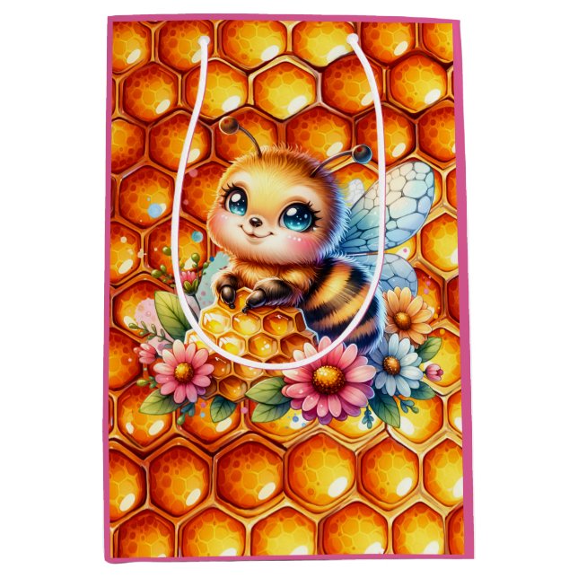 Sac Cadeau Moyen Jolie abeille au miel et peigne de miel Baby showe (Devant)