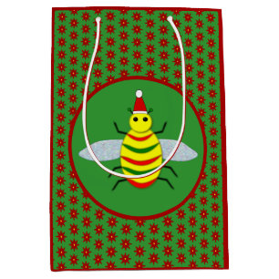 Sac Cadeau Moyen Jolie abeille de Noël et fleurs de Poinsettia