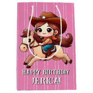 Sac Cadeau Moyen Jolie Anniversaire de Cowgirl et Cheval Western 