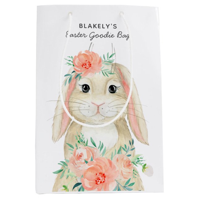 Sac Cadeau Moyen Jolie Aquarelle Lapin Floral Pâques | Nom (Devant)