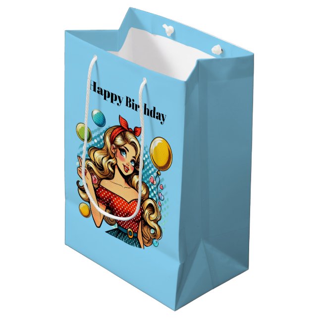 Sac Cadeau Moyen Jolie femme rétro ajouter du texte Anniversaire (Devant Angle)