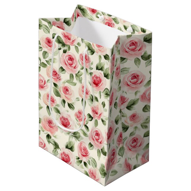 Sac Cadeau Moyen Jolie Fête de Mariage Florale aux Roses Roses (Devant Angle)